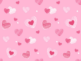 Seamles pattern with cute doodle hearts on pink background. Vector illustration for wrapping paper, decor, cards, backgrounds on Valentine's Day. Print design textile for kids fashion.  