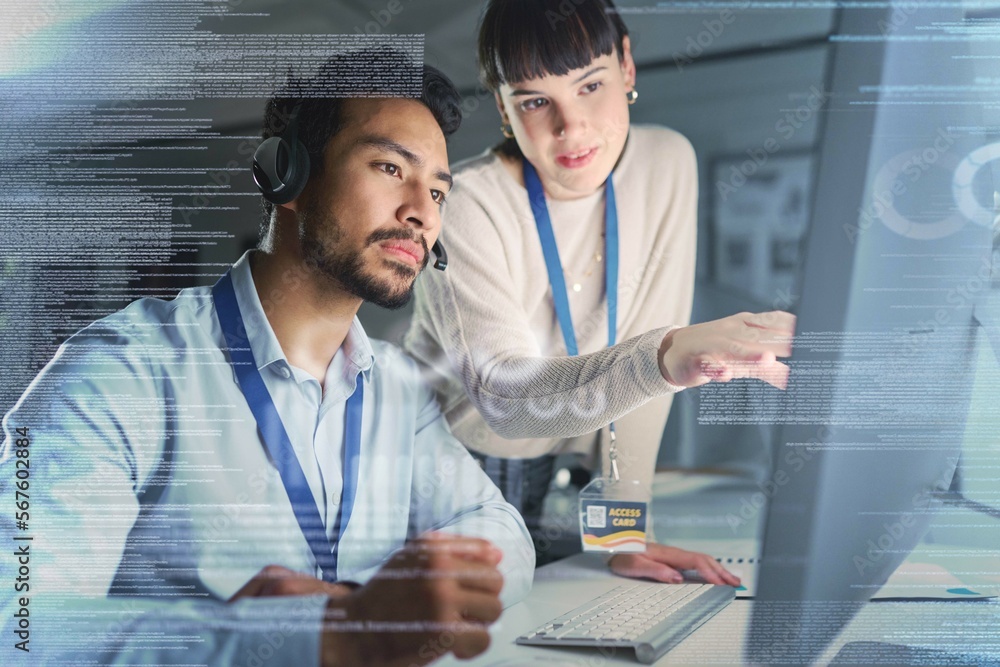 Poster Call center, digital overlay and team on computer for customer support, telemarketing and crm network. Communication, information technology hologram and woman training, help and consulting with man
