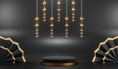 3d render of abstract realistic studio room with Luxury round pedestal stand podium with golden glitter in shape backdrop. Luxury black friday sale scene for product display presentation background