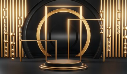 3d render of abstract realistic studio room with Luxury round pedestal stand podium with golden glitter in shape backdrop. Luxury black friday sale scene for product display presentation background