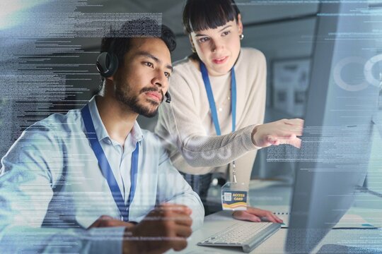 Call center, digital overlay and team on computer for customer support, telemarketing and crm network. Communication, information technology hologram and woman training, help and consulting with man