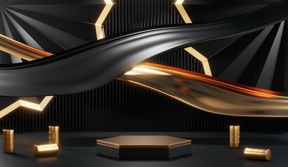 Fototapeta premium 3d render of abstract realistic studio room with Luxury round pedestal stand podium with golden glitter in shape backdrop. Luxury black friday sale scene for product display presentation background