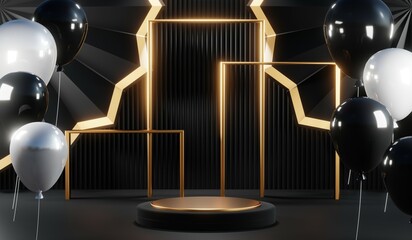 3d render of abstract realistic studio room with Luxury round pedestal stand podium with golden glitter in shape backdrop. Luxury black friday sale scene for product display presentation background