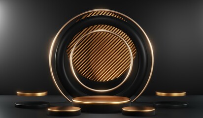 3d render of abstract realistic studio room with Luxury round pedestal stand podium with golden glitter in shape backdrop. Luxury black friday sale scene for product display presentation background