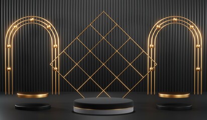 Fototapeta premium 3d render of abstract realistic studio room with Luxury round pedestal stand podium with golden glitter in shape backdrop. Luxury black friday sale scene for product display presentation background