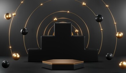 3d render of abstract realistic studio room with Luxury round pedestal stand podium with golden glitter in shape backdrop. Luxury black friday sale scene for product display presentation background