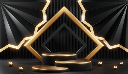 3d render of abstract realistic studio room with Luxury round pedestal stand podium with golden glitter in shape backdrop. Luxury black friday sale scene for product display presentation background