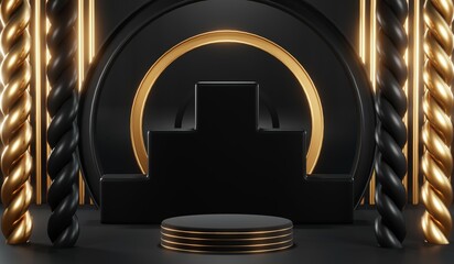 3d render of abstract realistic studio room with Luxury round pedestal stand podium with golden glitter in shape backdrop. Luxury black friday sale scene for product display presentation background