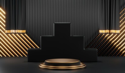 3d render of abstract realistic studio room with Luxury round pedestal stand podium with golden glitter in shape backdrop. Luxury black friday sale scene for product display presentation background