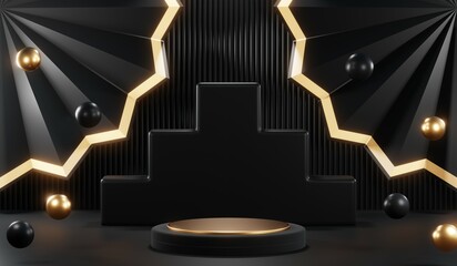 3d render of abstract realistic studio room with Luxury round pedestal stand podium with golden glitter in shape backdrop. Luxury black friday sale scene for product display presentation background