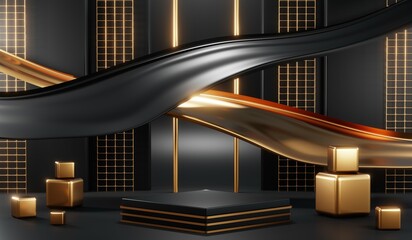 Obraz premium 3d render of abstract realistic studio room with Luxury round pedestal stand podium with golden glitter in shape backdrop. Luxury black friday sale scene for product display presentation background