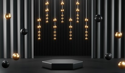 Fototapeta premium 3d render of abstract realistic studio room with Luxury round pedestal stand podium with golden glitter in shape backdrop. Luxury black friday sale scene for product display presentation background