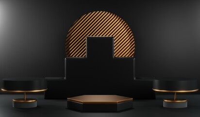 3d render of abstract realistic studio room with Luxury round pedestal stand podium with golden glitter in shape backdrop. Luxury black friday sale scene for product display presentation background