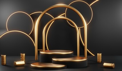 3d render of abstract realistic studio room with Luxury round pedestal stand podium with golden glitter in shape backdrop. Luxury black friday sale scene for product display presentation background