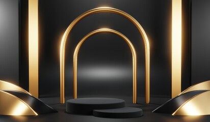 3d render of abstract realistic studio room with Luxury round pedestal stand podium with golden glitter in shape backdrop. Luxury black friday sale scene for product display presentation background