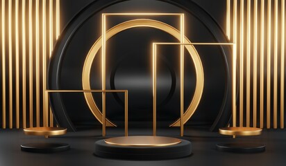 3d render of abstract realistic studio room with Luxury round pedestal stand podium with golden glitter in shape backdrop. Luxury black friday sale scene for product display presentation background