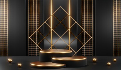 Obraz na płótnie Canvas 3d render of abstract realistic studio room with Luxury round pedestal stand podium with golden glitter in shape backdrop. Luxury black friday sale scene for product display presentation background