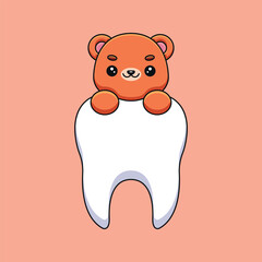 cute bear holding tooth cartoon mascot doodle art hand drawn outline concept vector kawaii icon illustration