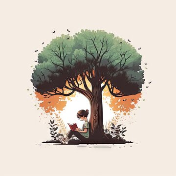 A child reading a book under a tree illustration Generative AI