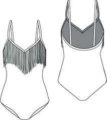 women swimsuits technical drawing,  tassel details