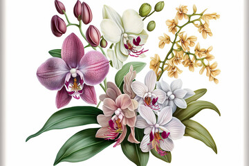 Naklejka na ściany i meble Orchid Flowers, Illustration, Generative AI
