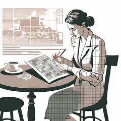 A woman doing a crossword puzzle at a caf� illustration Generative AI