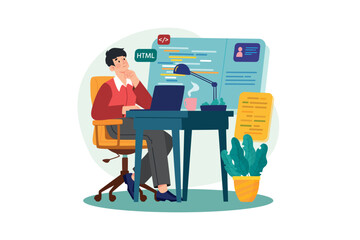 A young programmer coding on the laptop