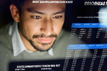 Business man, dashboard and stock market hologram for trading, investment and stocks. Face, future overlay and male with digital ui or ux for financial app or software for profit growth at night.