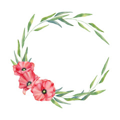 Watercolor red poppies wreath, Meadow frame, hand drawn floral illustration, red wildflowers isolated on a white background.