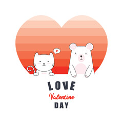 Valentine's Day card with cat and bear in love. vector card