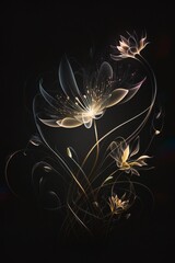 Beautiful glowing flowers illustrations art design for poster, print or digital, isolated in black background, the flowers glowing lines look so stunning generative ai