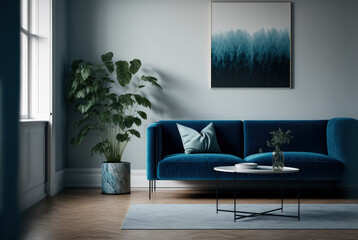 a living room with a blue couch and a white table, interior, background, 3d render Generative AI