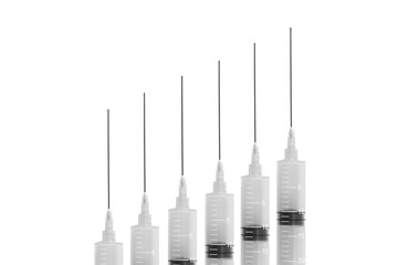 Close up of a row Syringe with rising chart concept in isolated white background.