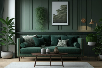Modern Home interior mock-up with green sofa table, background, 3d render Generative AI