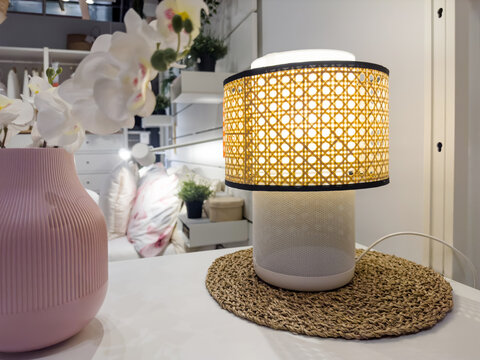 PENANG, MALAYSIA - NOV 22, 2022: IKEA crossover Sonos IKEA SYMFONISK speaker lamp base with wifi showcase in IKEA showroom
