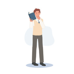 Korean student character. Full length of Male student in school uniforms holding a book and thinking something. Learning Education concept.