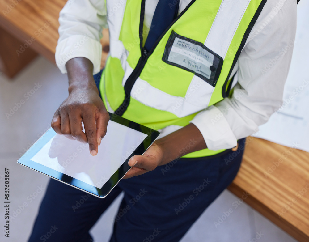 Poster Engineer, hands and man with tablet screen while online for planning, schedule and search for design. Construction, engineering or industrial mobile app with ux mockup space for website innovation