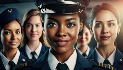 Empowering Women in Workplace Inclusivity: Celebrating International Women's Day with Diversity Equity Inclusion (DEI) in Air Transportation Industry with Multiracial Female Pilots (Generative AI) - obrazy, fototapety, plakaty