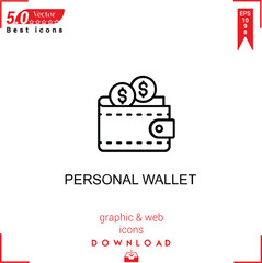 PERSONAL WALLET icon vector on white background. Simple, isolated, flat icons, icons, apps, logos, website design or mobile apps for business marketing management,
UI UX design Editable stroke.EPS10 