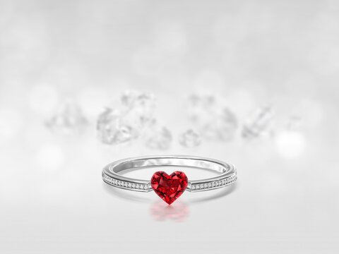 Diamond ring Red Heart shaped on the white diamonds background reflecting. 3d render. Valentine's Day concept