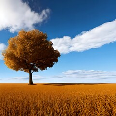Fototapeta na wymiar Brown Leafed Tree on Open Field Under White Clouds and Blue Sky