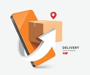 White arrow revolve around smartphones and parcel boxes or cardboard boxes