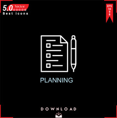 PLANİNG icon vector on black background. Simple, isolated, flat icons, icons, apps, logos, website design or mobile apps for business marketing management,
UI UX design Editable stroke. EPS10