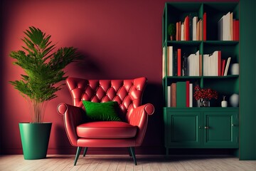 Stylish and modern cozy interior with red armchair and bookshelf. AI