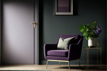 Stylish and modern cozy interior with purple armchair by the grey wall. AI
