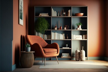 Sylish and modern cozy interior with terracotta armchair and book shelf. AI