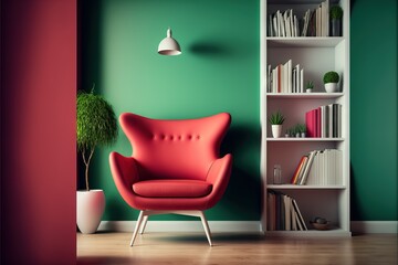 Stylish and modern cozy interior with red armchair, white bookshelf and green wall. AI