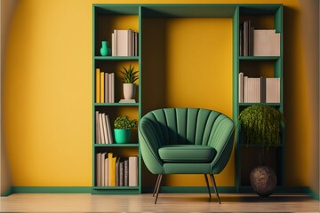 Stylish and modern cozy interior with green armchair and yellow wall. AI