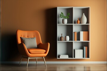 Fototapeta na wymiar Stylish and modern cozy interior with terracotta armchair and grey bookshelf. AI