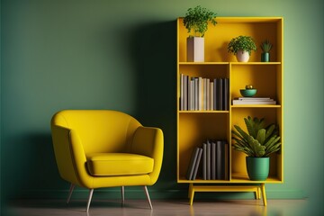Stylish and modern, cozy interior with yellow armchair and bookshelf by the green wall. AI